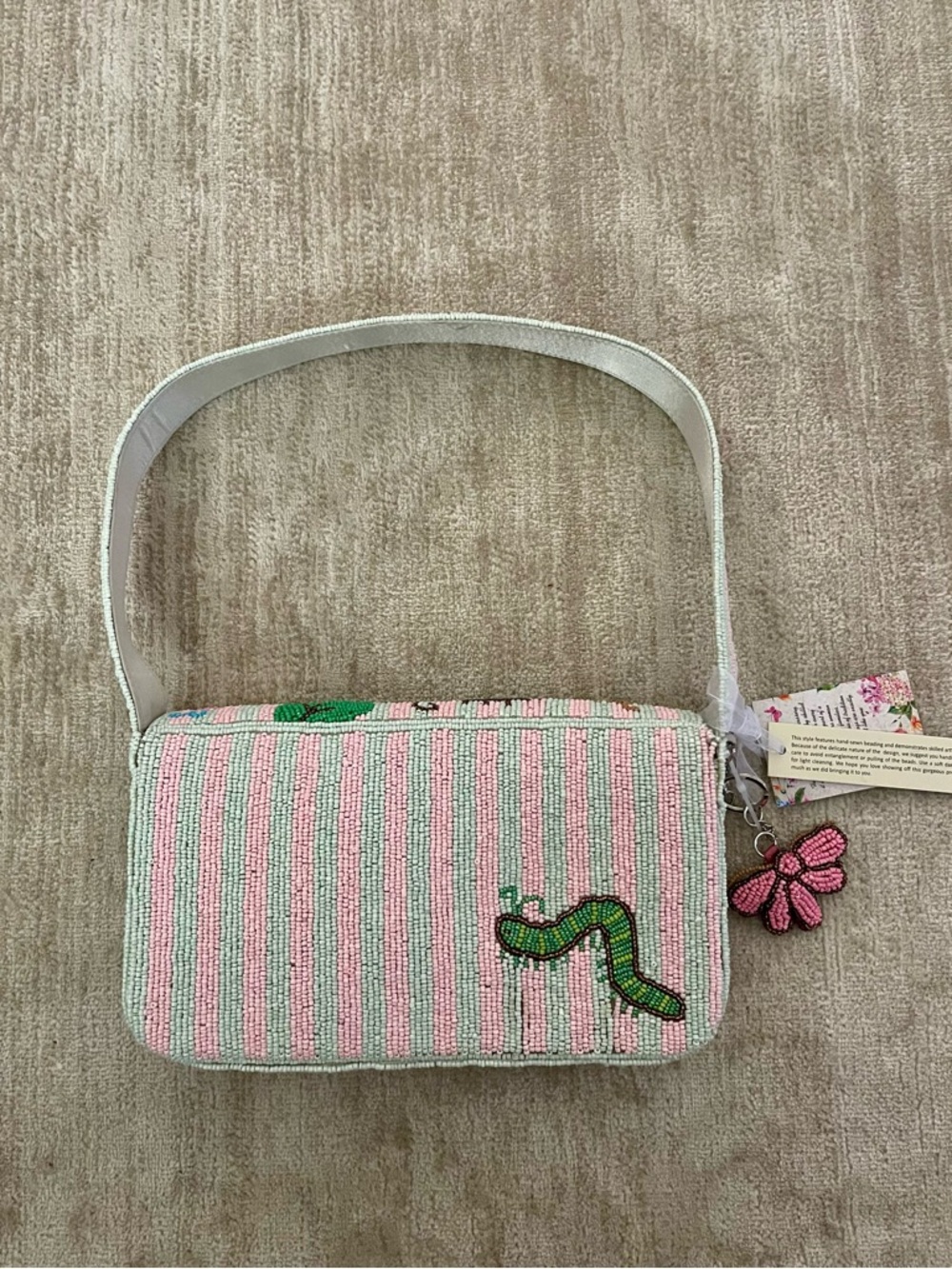 👛🦋🐛Beaded Garden/Caterpillar/Butterfly Shoulder Bag - Pink & Green - Picture 3 of 5